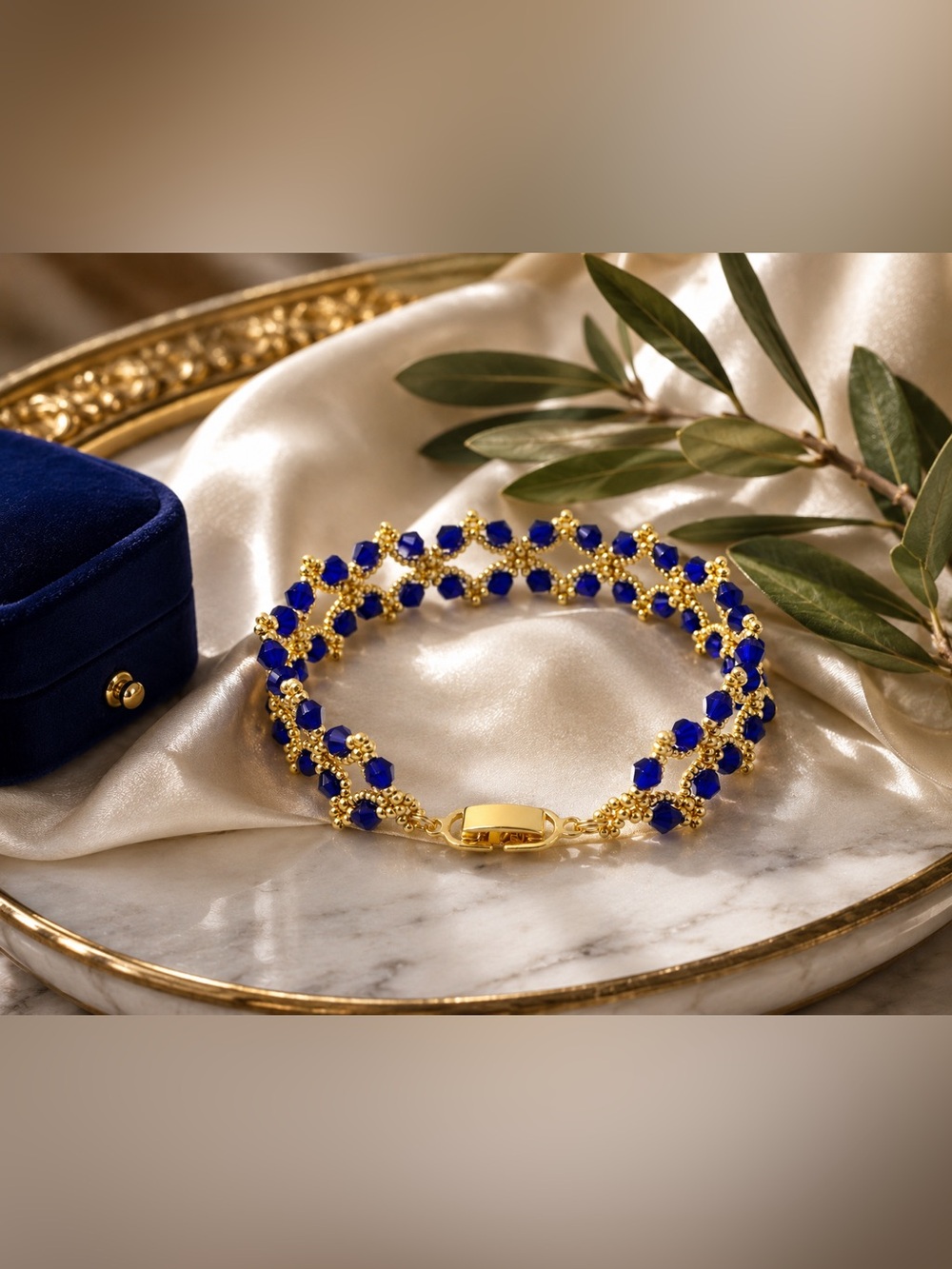 Hand Crafted Gold and Cobalt Blue Beaded Bracelet - Women Jewelry